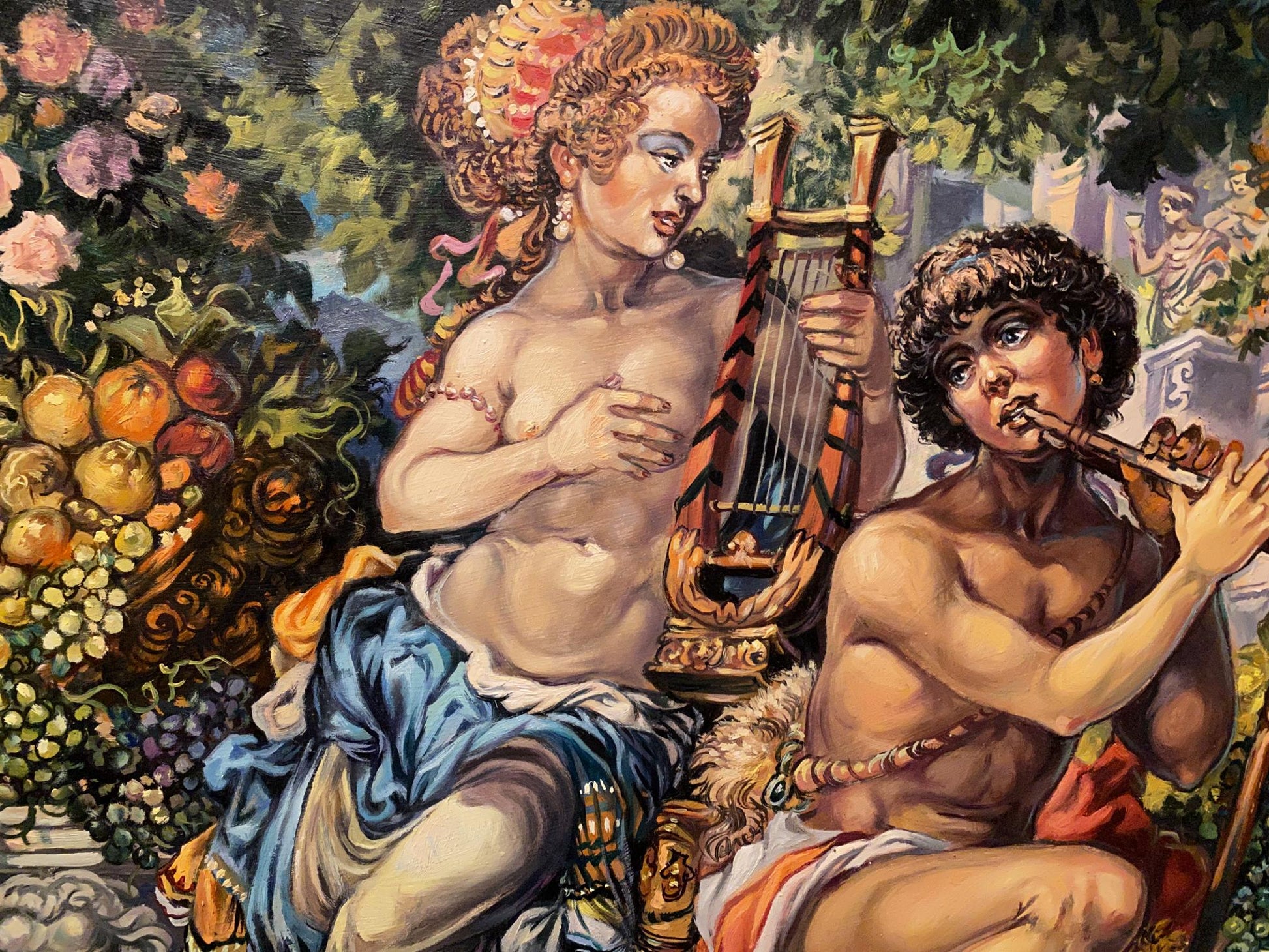 Oil painting Princess Melodia by Alexander Arkadievich Litvinov with harp and flute figures