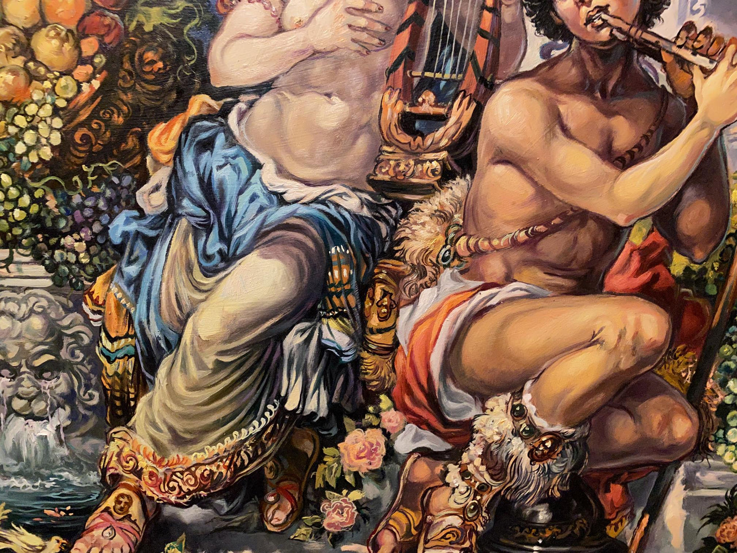 Oil painting of nude muscular men in blue gold garments by Litvinov