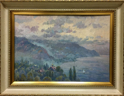 Framed impressionist misty lake painting by Zaretsky Victor Ivanovich