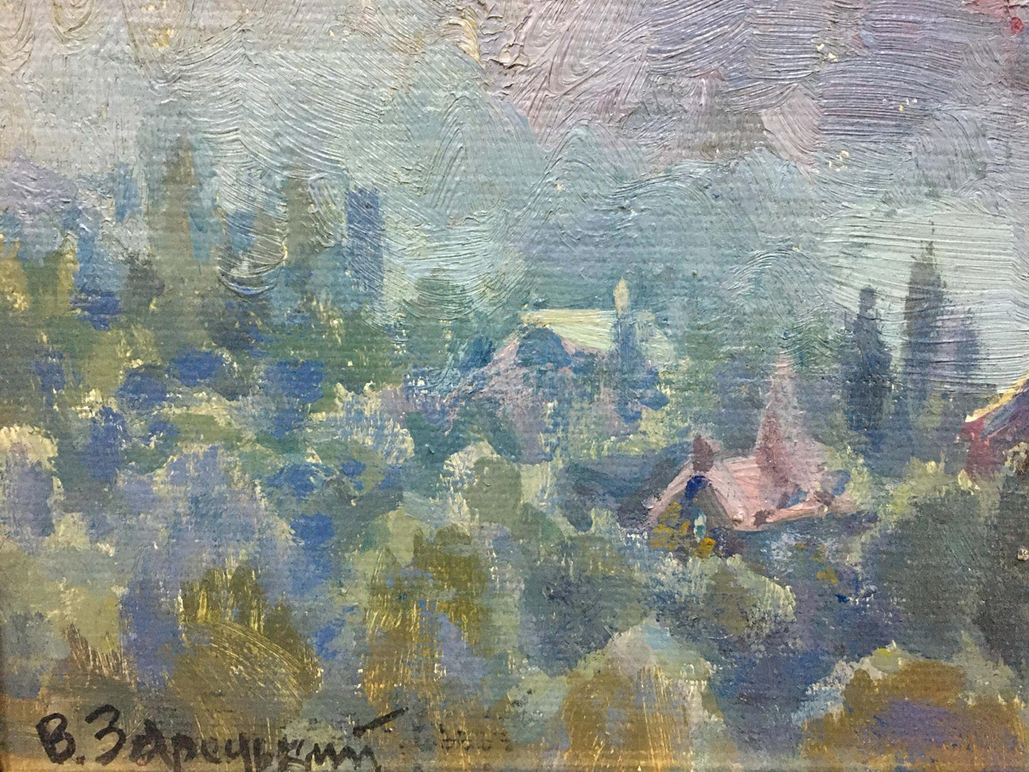 Oil painting landscape by Zaretsky Victor Ivanovich: impressionist village in blues and greens