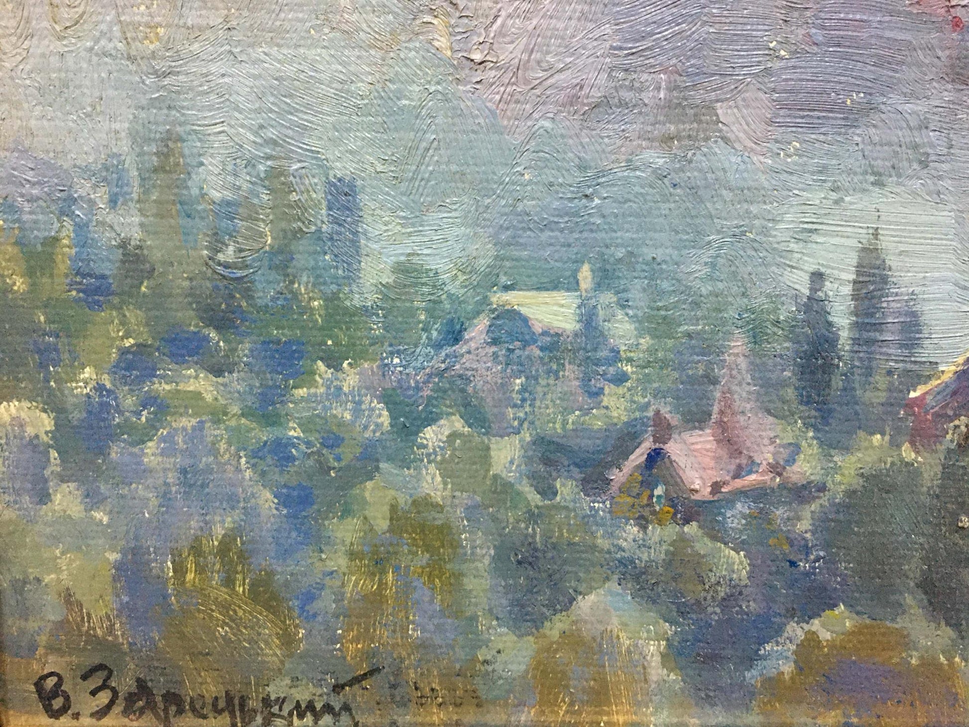 Oil painting landscape by Zaretsky Victor Ivanovich: impressionist village in blues and greens