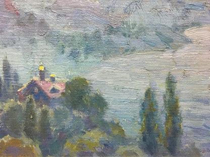 Oil painting by Zaretsky Victor Ivanovich: house with red roof amid green trees