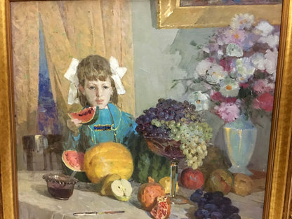 Oil painting Gifts of Autumn Wolstein Moses Lvovich: girl in blue dress with fruit
