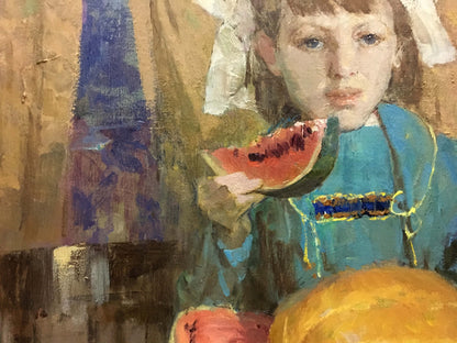 Oil painting Gifts of Autumn by Wolstein Moses Lvovich: girl in teal apron holds watermelon slice