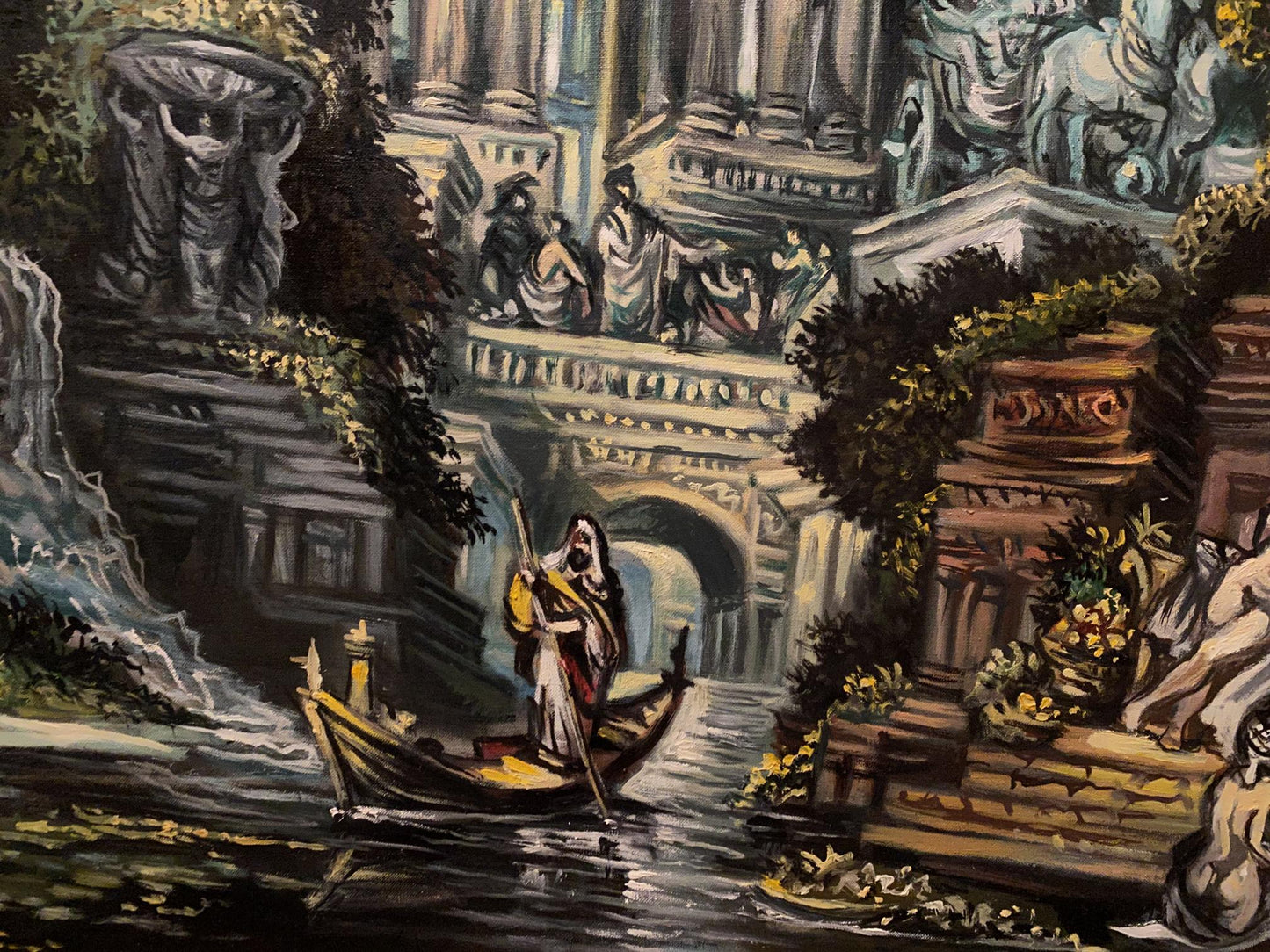 Oil painting by Alexander Arkadievich Litvinov: gondolier in yellow boat on stone canal