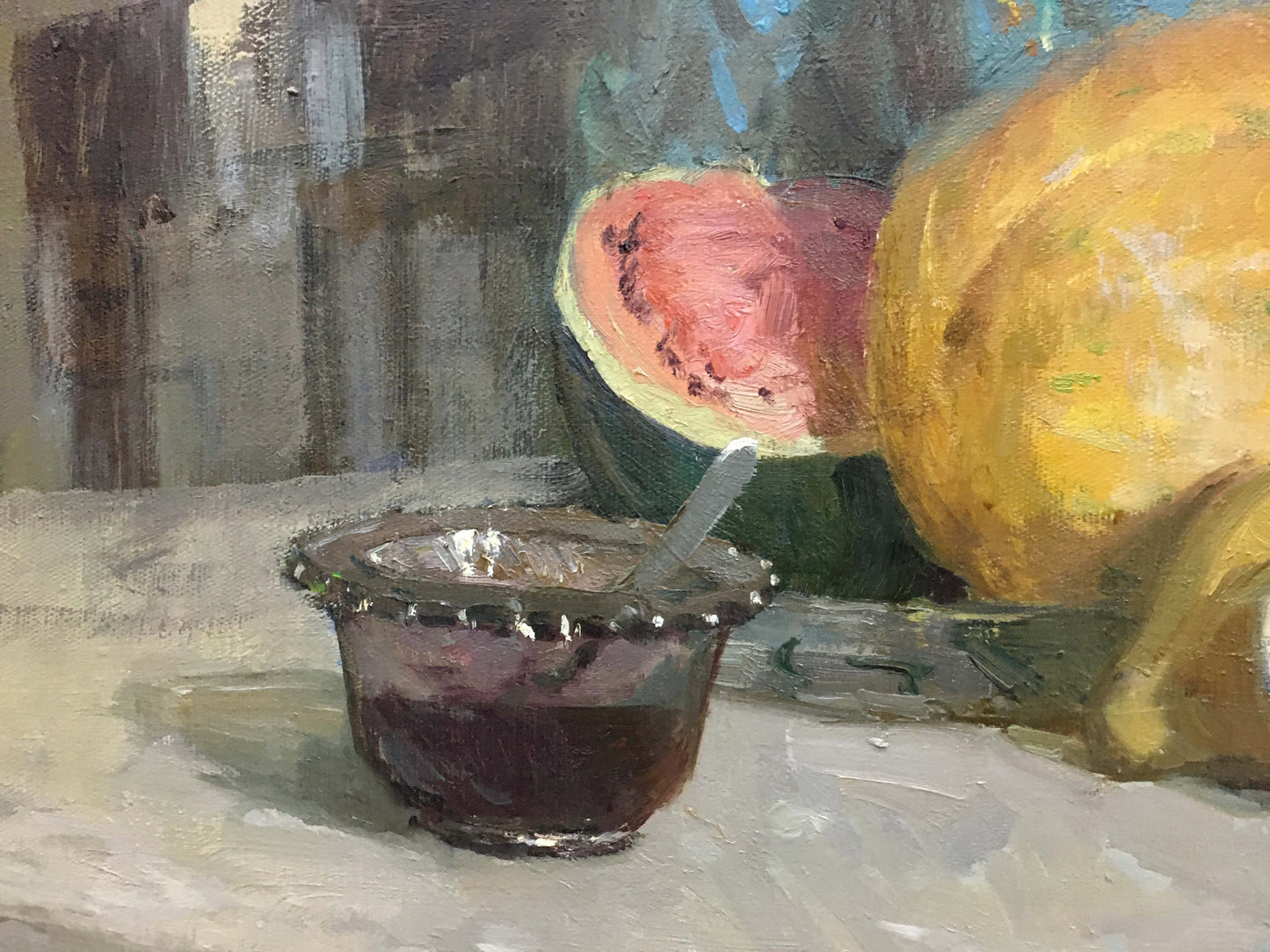 Dark textured glass bowl with scalloped rim and silver spoon in Gifts of Autumn painting
