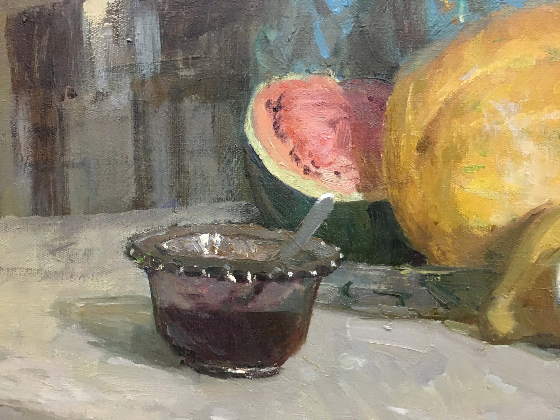 Dark textured glass bowl with scalloped rim and silver spoon in Gifts of Autumn painting
