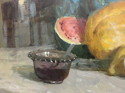 Dark textured glass bowl with scalloped rim and silver spoon in Gifts of Autumn painting