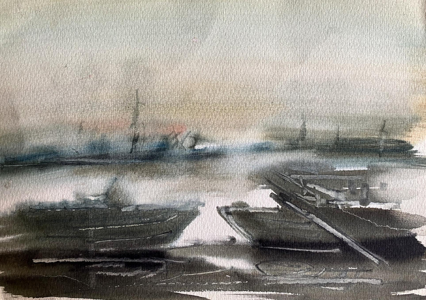 Watercolor painting of misty boats at Benfialov dock on calm gray river