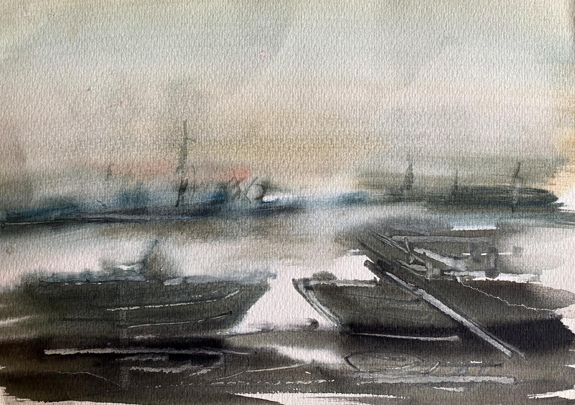 Watercolor painting of misty boats at Benfialov dock on calm gray river