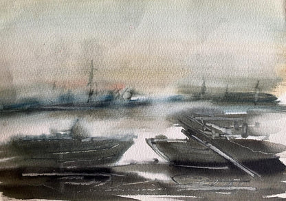 Watercolor painting of misty boats at Benfialov dock on calm gray river