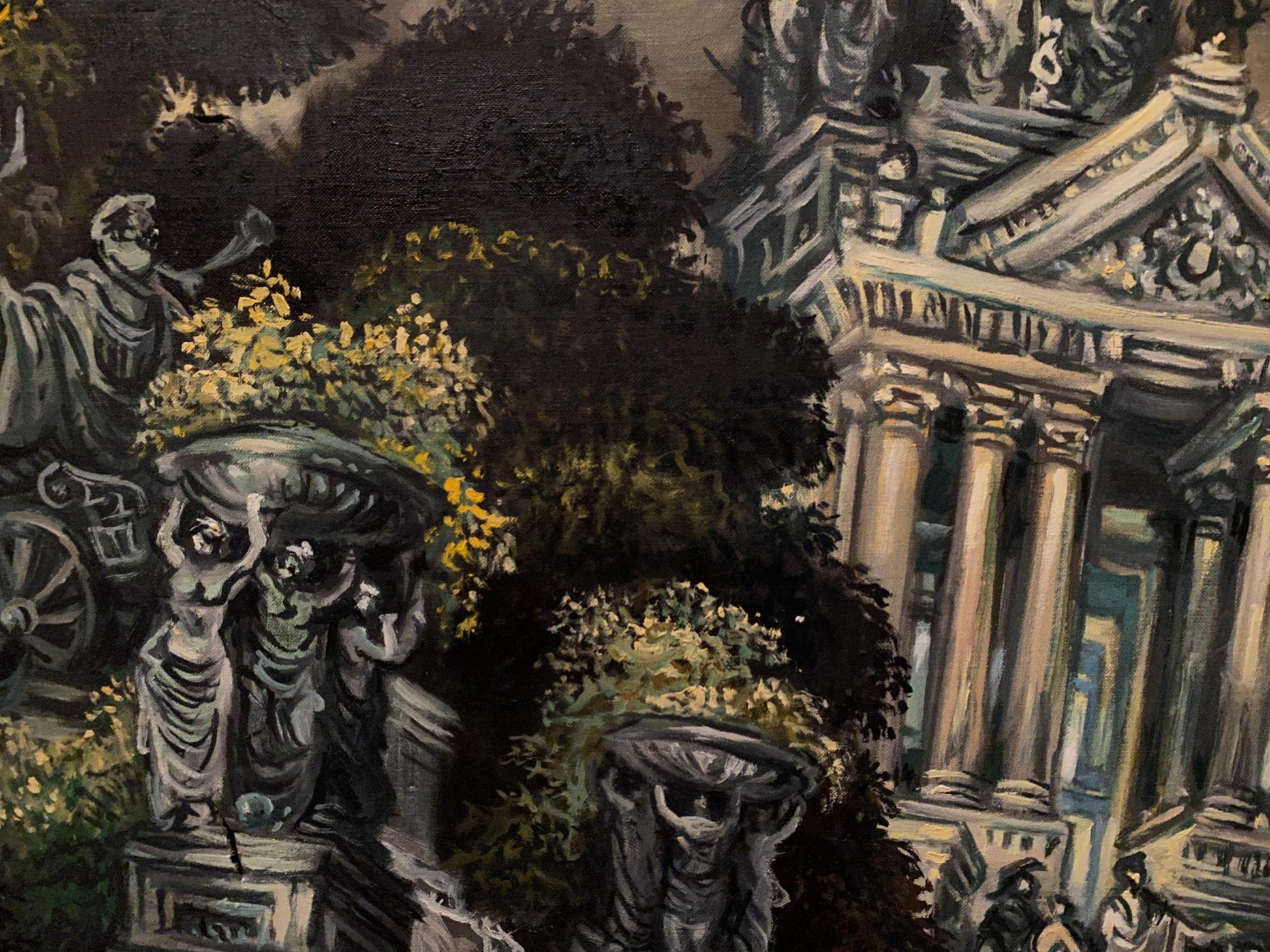 Oil painting by Alexander Arkadievich Litvinov: classical draped statues with florals and columns