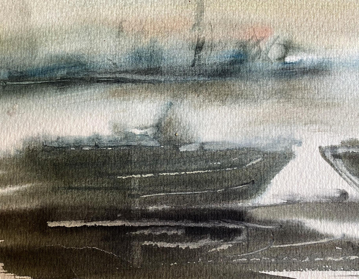 Abstract watercolor boat dock painting in grays, black, pink, blue