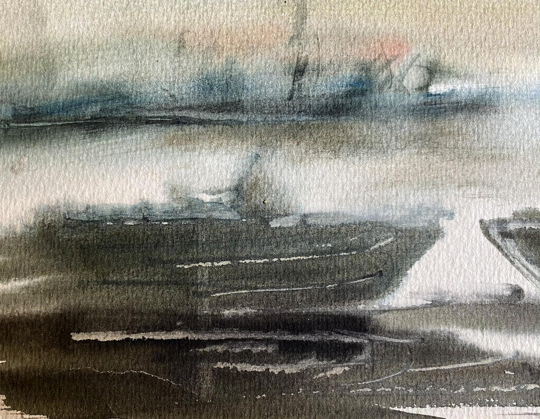 Abstract watercolor boat dock painting in grays, black, pink, blue