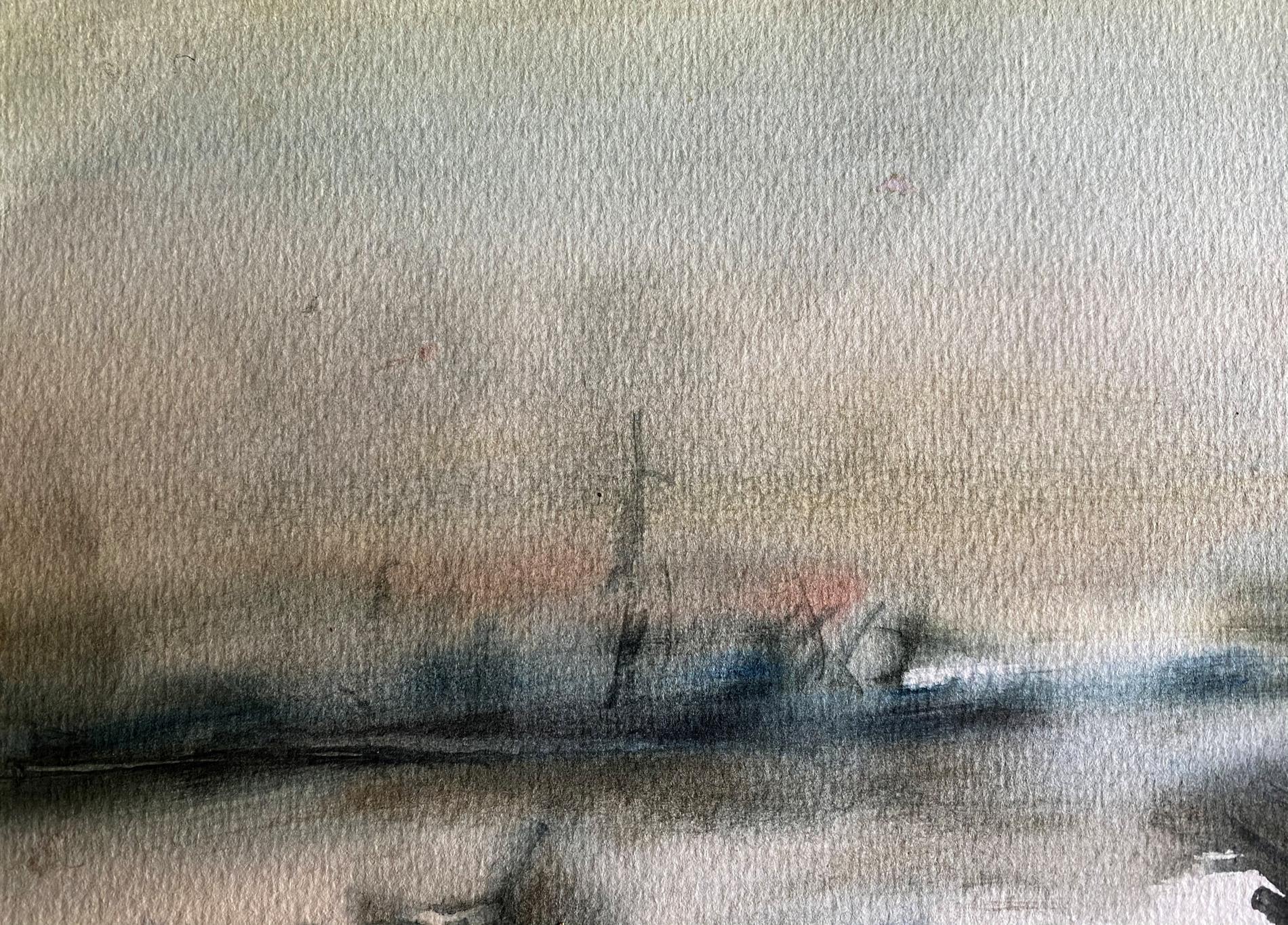 Soft watercolor of misty ship silhouette at Benfialov boat dock