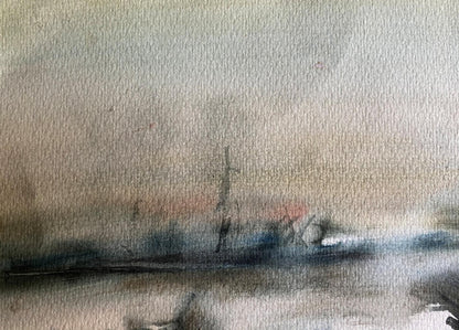 Soft watercolor of misty ship silhouette at Benfialov boat dock
