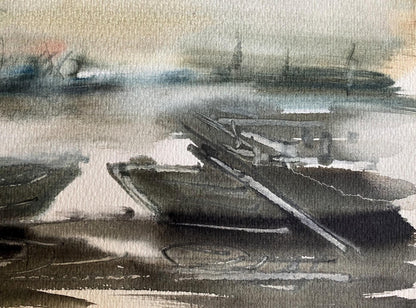 Watercolor painting of moored boats at Benfialov dock in muted grays