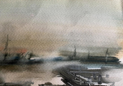 Moody watercolor of misty Benfialov harbor with silhouetted ships