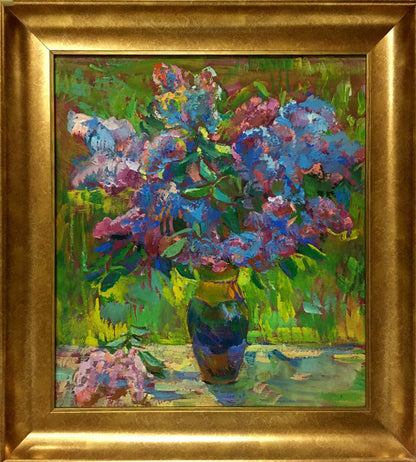Oil painting Lilac by Chegodar Vasily Dmitrievich with vibrant blue purple lilacs in glossy dark green vase