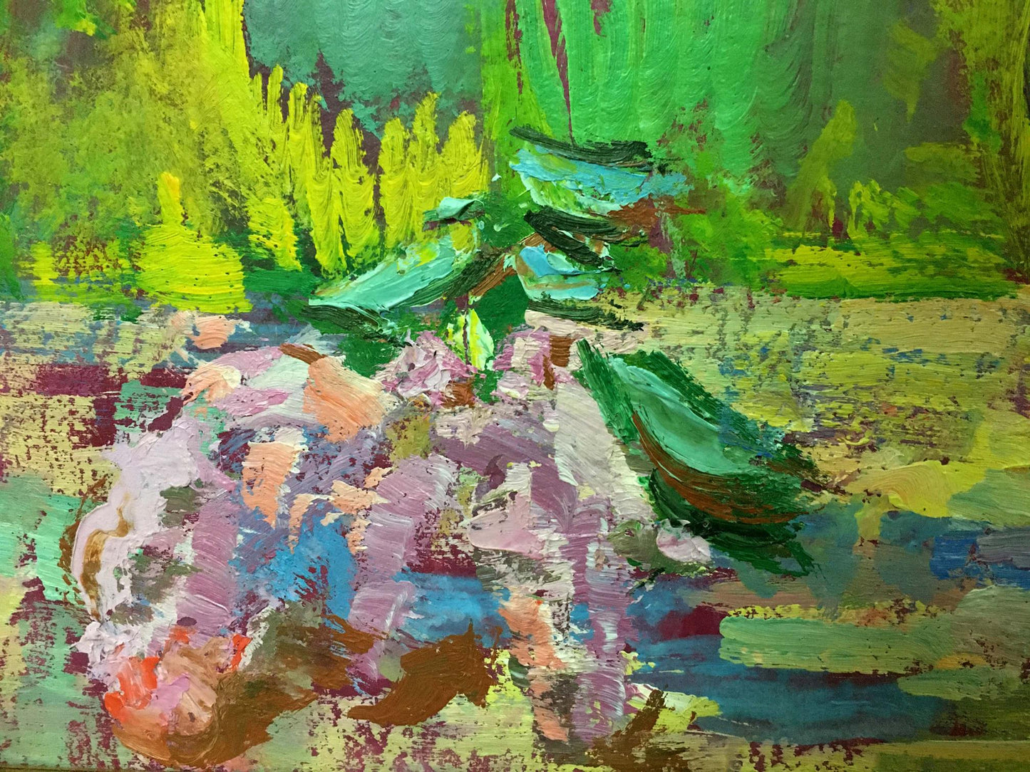Vibrant impressionistic oil painting by Lilac Chegodar Vasily Dmitrievich of pond with lily pads