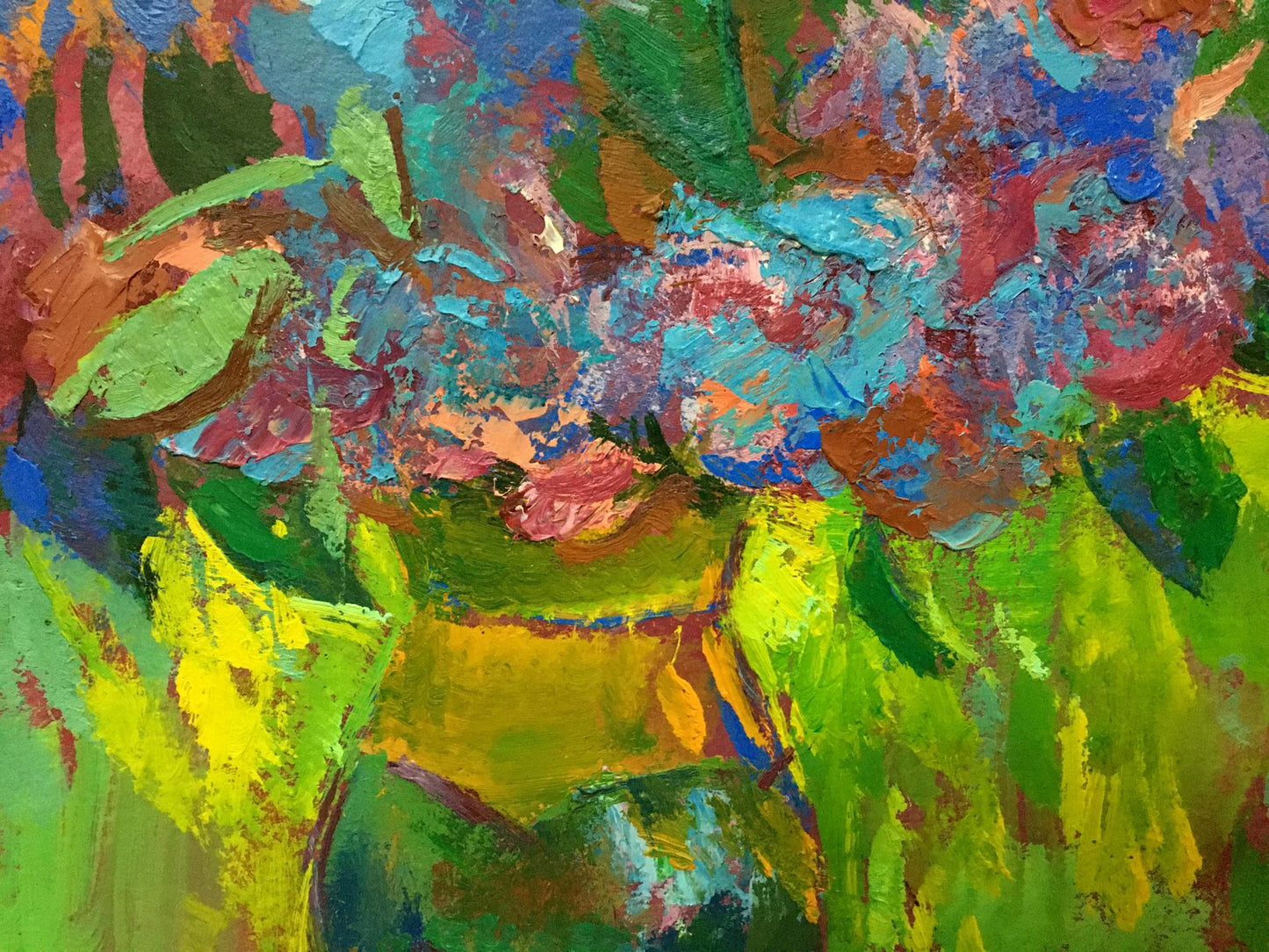 Vibrant impressionist oil painting of lilac bouquet in yellow vase by Chegodar