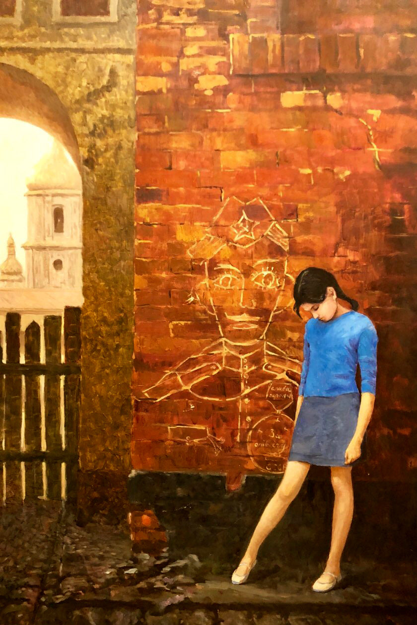 Oil painting by Dad Labinok Leonid: woman in blue top and skirt by chalk face wall