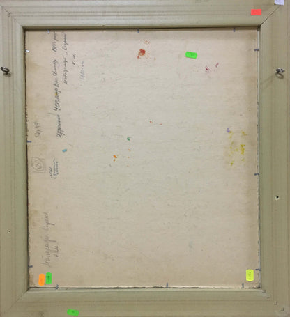 Back of beige wooden frame for Oil painting Lilac by Chegodar with labels