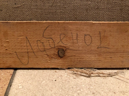 Back of Oil painting Dad Labinok Leonid: rustic wooden stretcher with black marker signature and metal screw