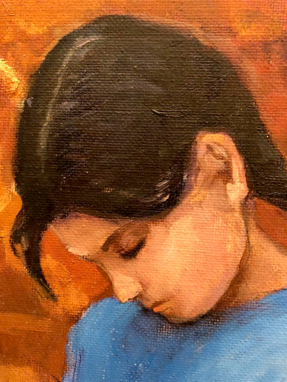 Close-up oil painting of woman by Dad Labinok Leonid, dark hair, blue garment