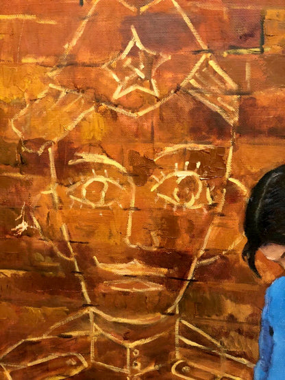 Oil painting Dad Labinok Leonid: stylized white face on warm brown orange canvas
