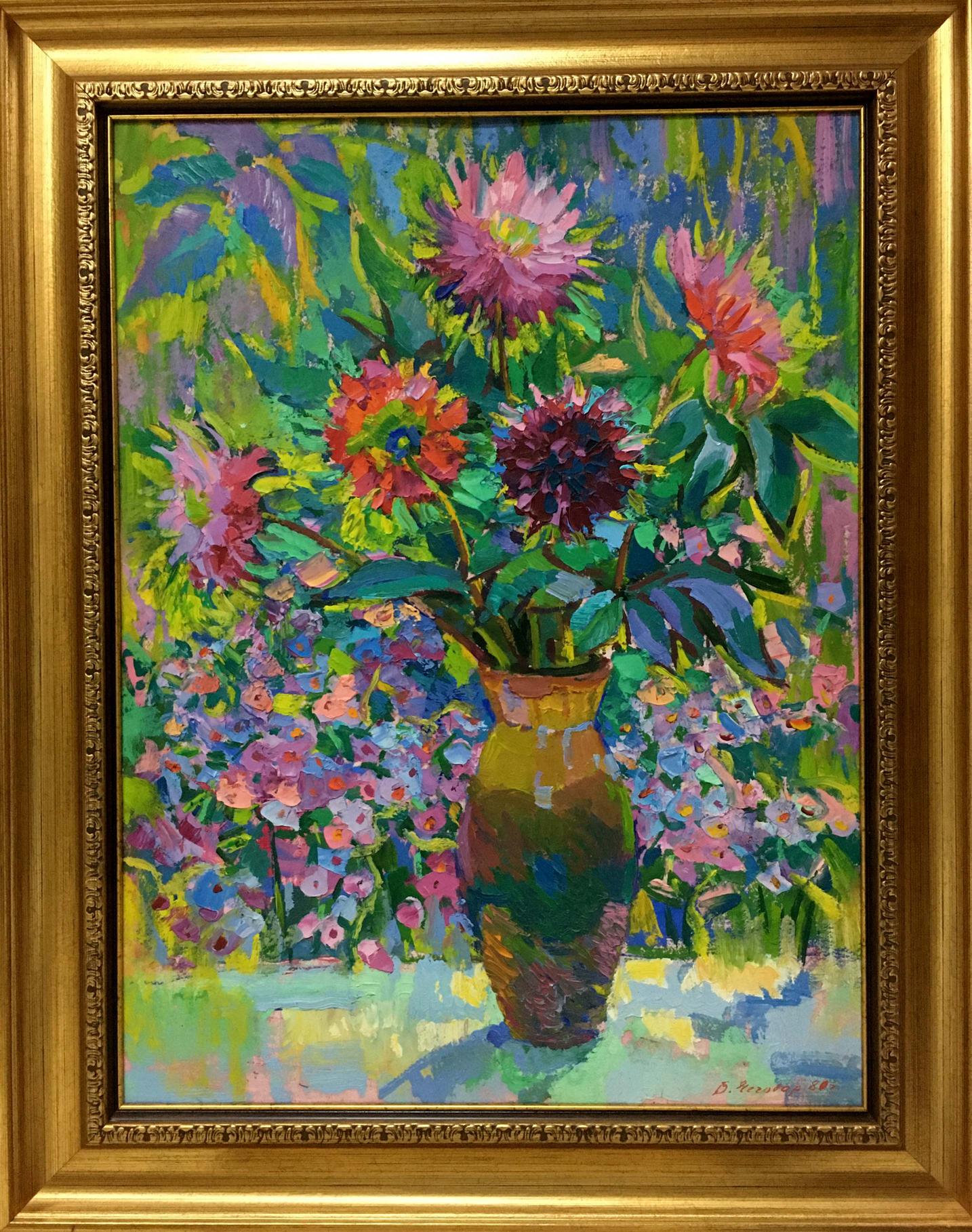 Vibrant impressionist oil painting of Vasily Chegodar still life bouquet in earth-toned vase