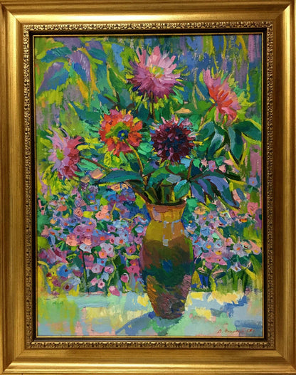 Vibrant impressionist oil painting of Vasily Chegodar still life bouquet in earth-toned vase