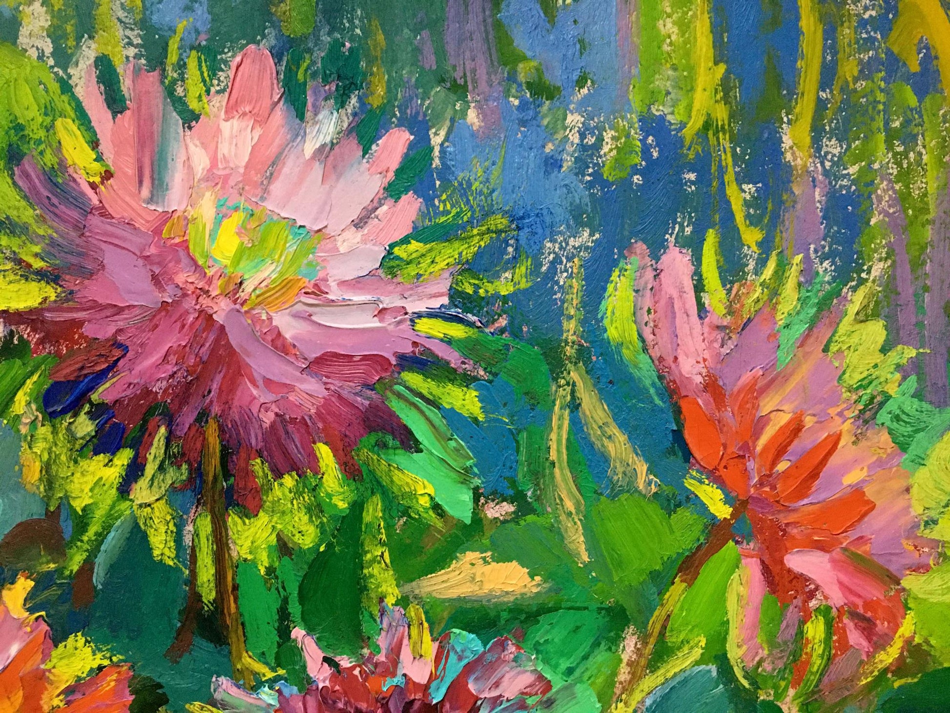 Oil painting Still life Vasily Chegodar with vibrant pink orange flowers