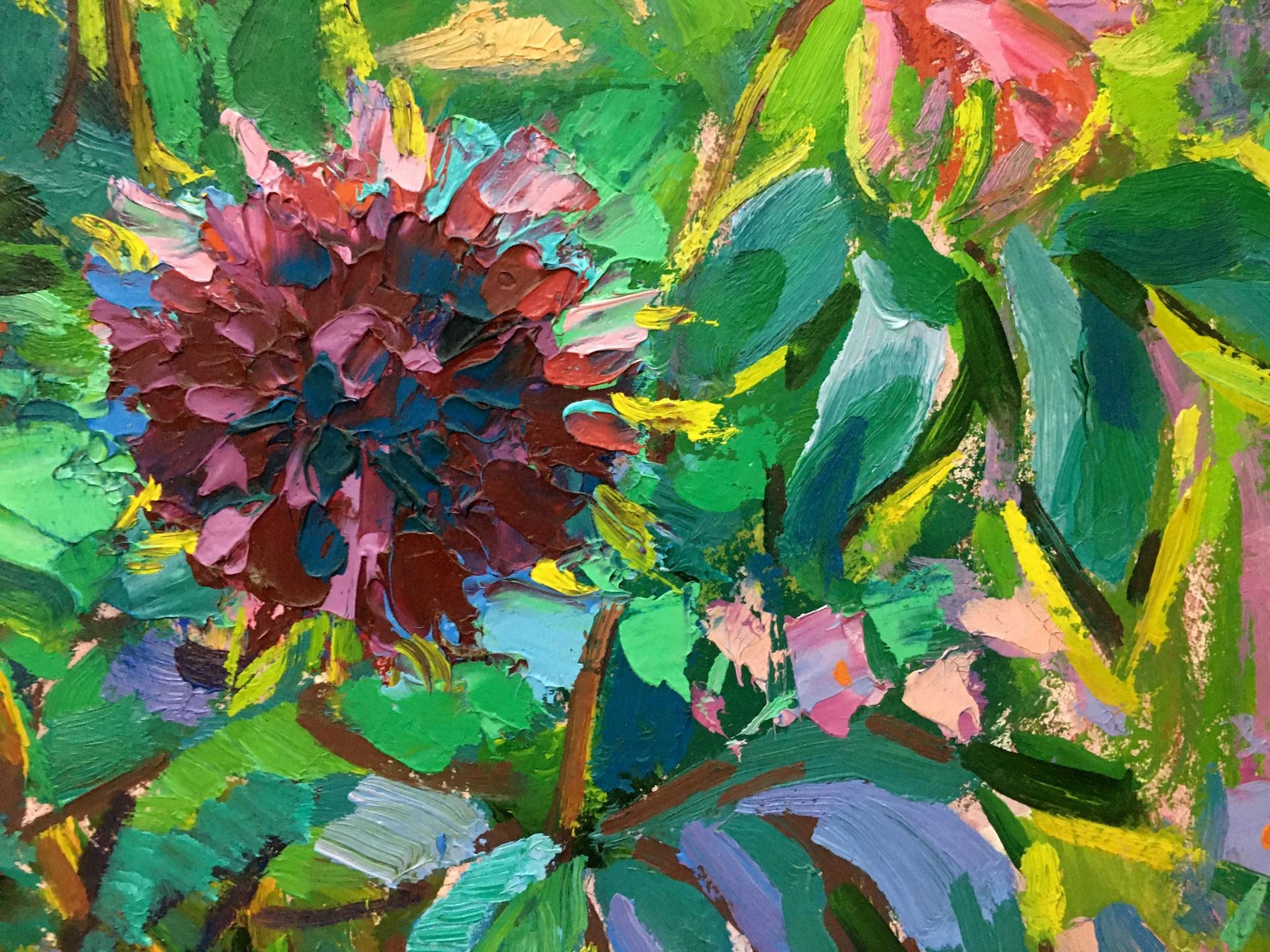 Vibrant oil painting of pink burgundy flower by Vasily Chegodar