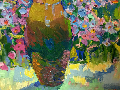 Vibrant oil painting of Vasily Chegodar still life vase with colorful flowers