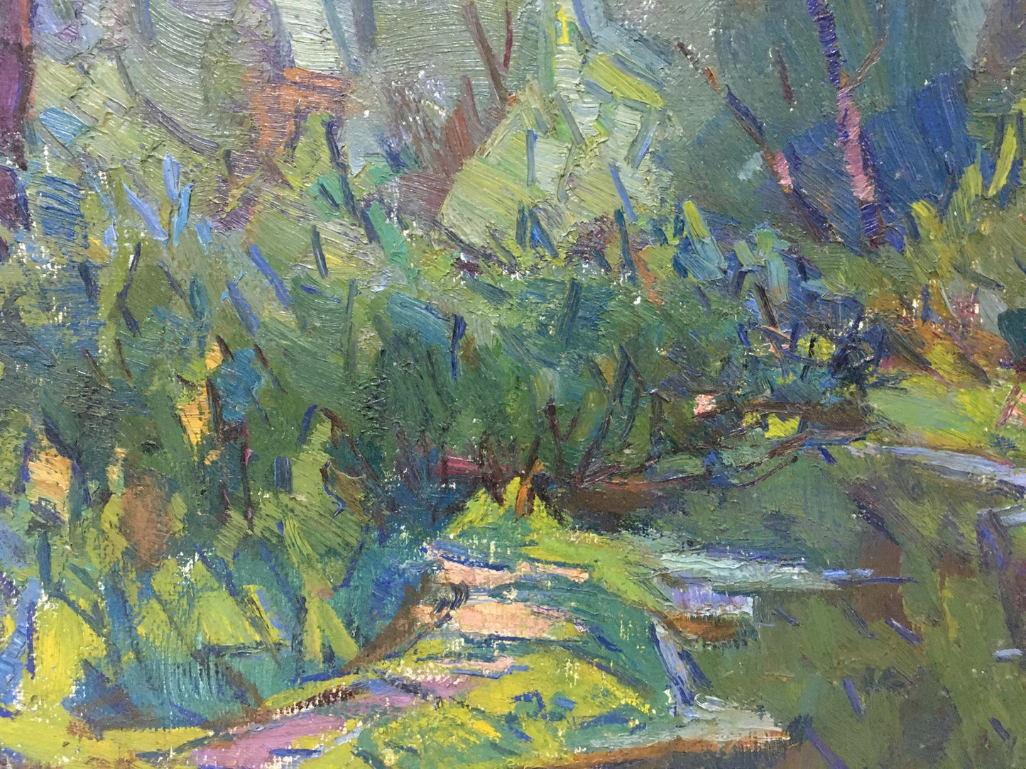 Vibrant impressionist oil painting of Desna River by Chegodar, textured forest path