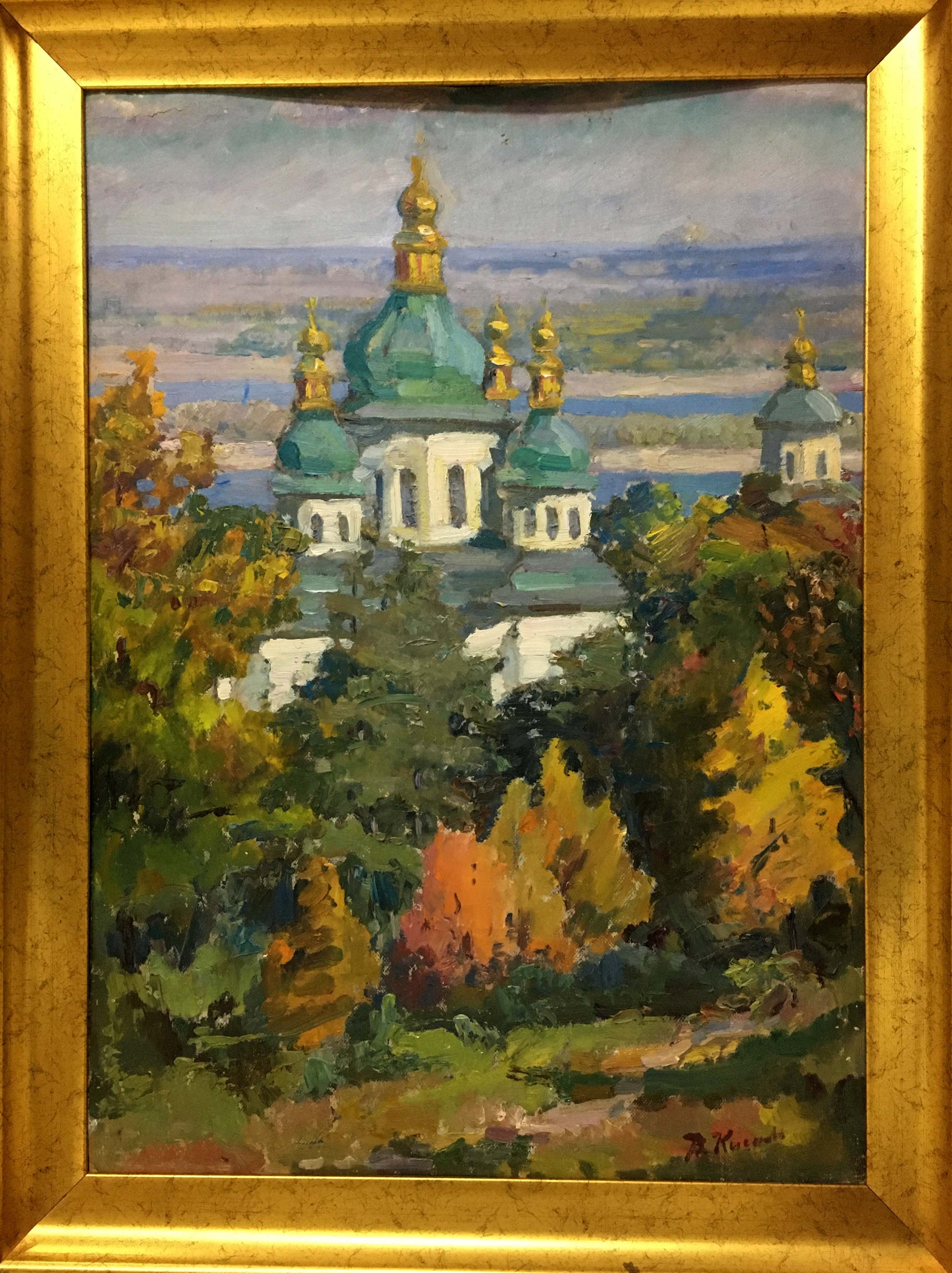 Oil painting by I.V. Kisil: white church with teal domes in autumn trees, gold frame