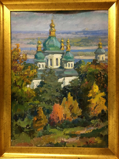 Oil painting by I.V. Kisil: white church with teal domes in autumn trees, gold frame