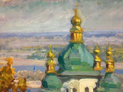 Oil painting by I.V. Kisil: church with green domes, golden spires, sky