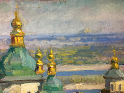 Oil painting by I. V. Kisil: golden-domed church spires with teal roofs in hazy landscape