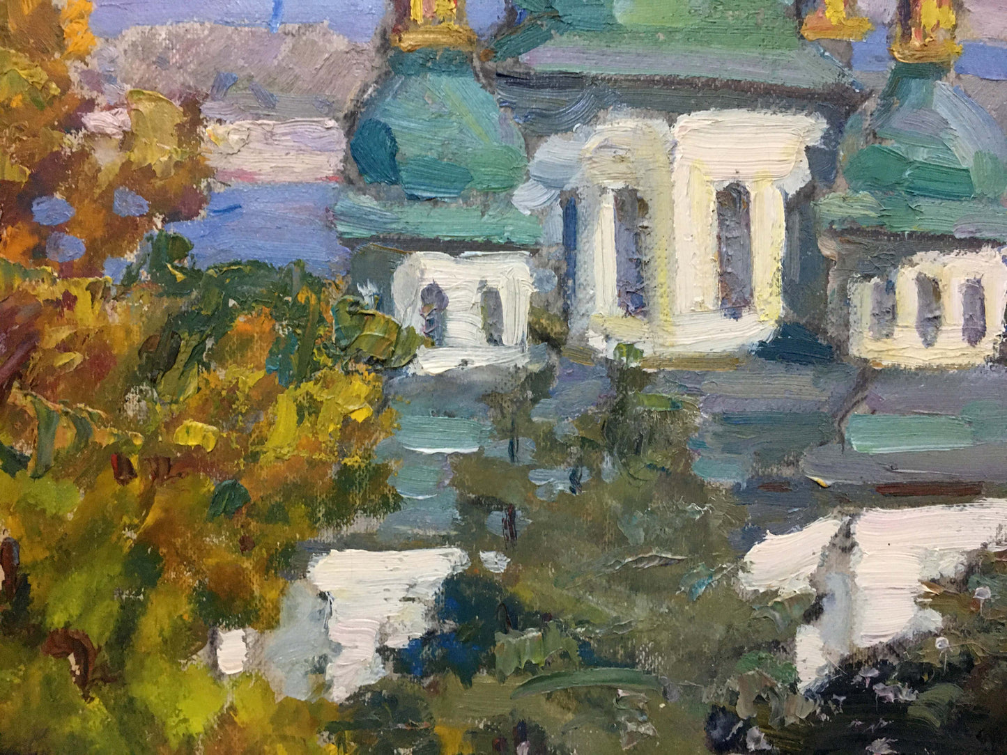 Oil painting by I. V. Kisil: church with green domes amid autumn trees
