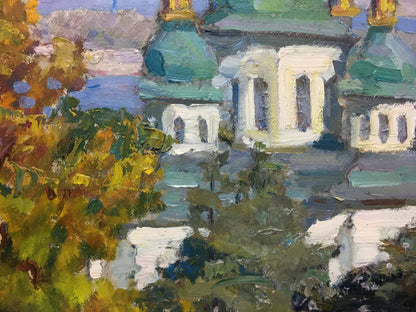 Oil painting by I. V. Kisil: church with green domes amid autumn trees