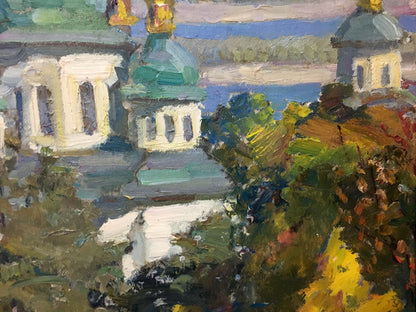 Oil painting by I.V. Kisil: white church with green domes amid autumn foliage