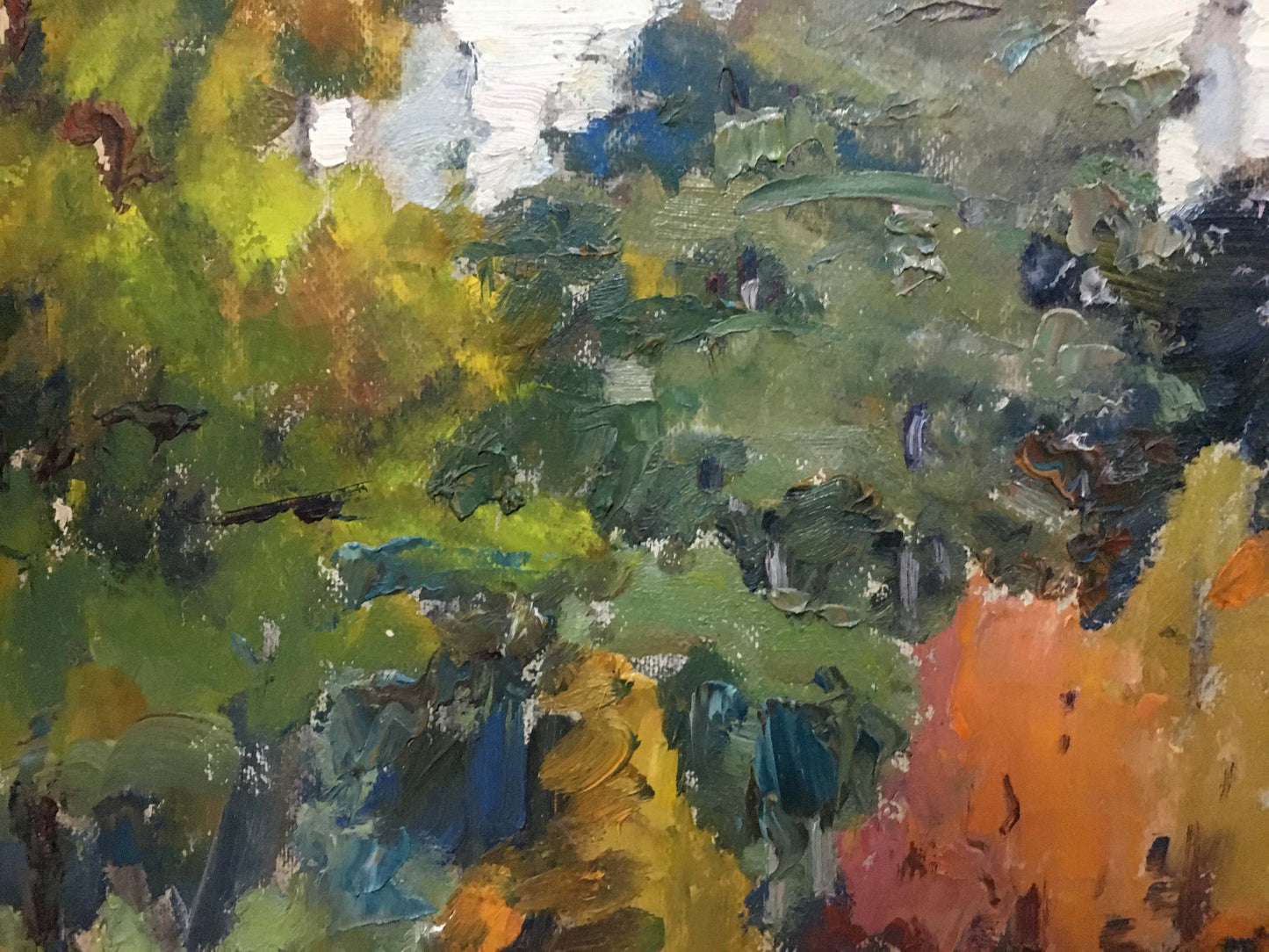 Vibrant oil painting landscape with church by I. V. Kisil, bold green, yellow, orange, blue brushstrokes