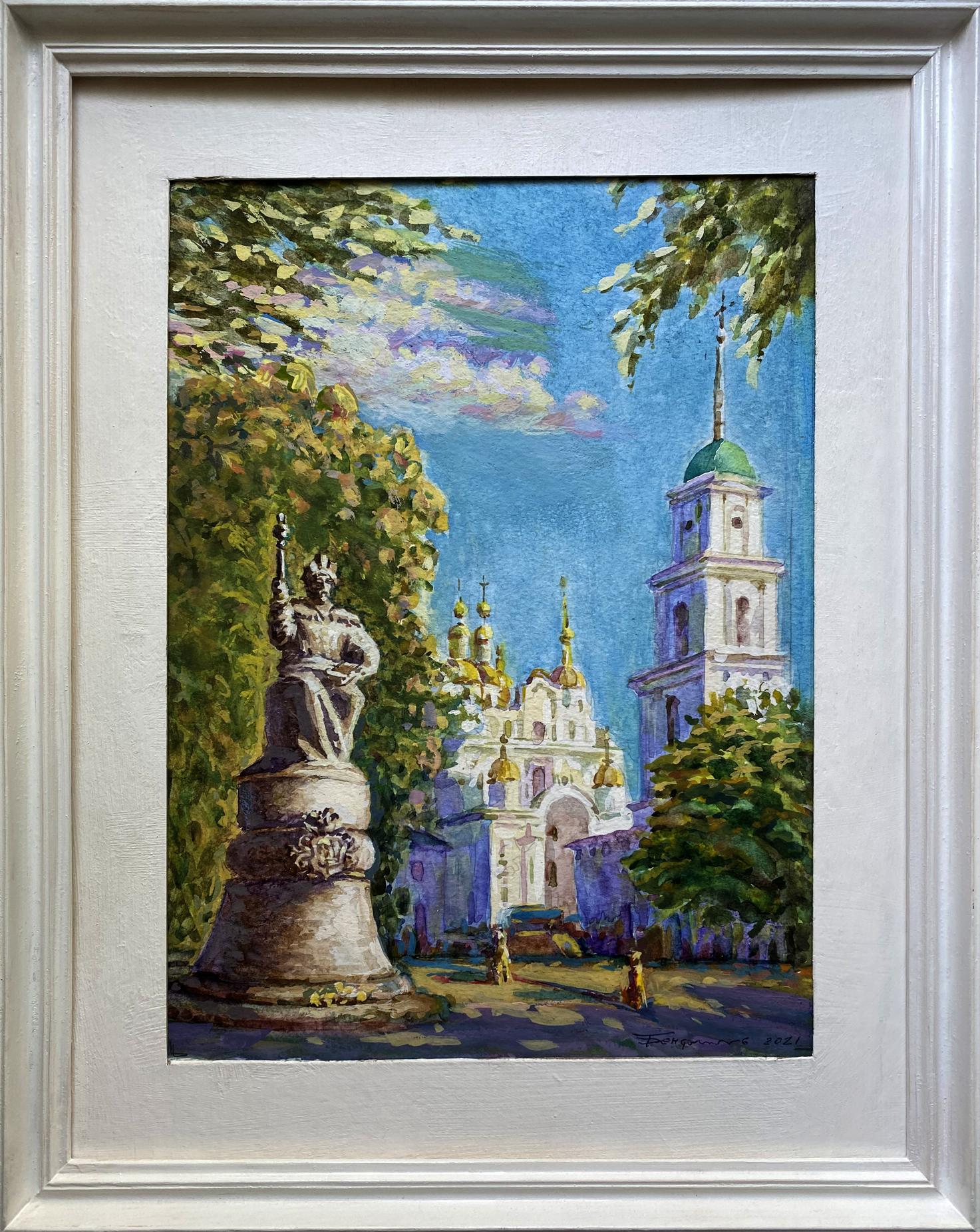 Framed oil painting of stone statue and golden domed church in Painting Monasteries Benfialov