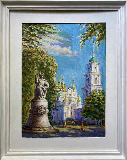 Framed oil painting of stone statue and golden domed church in Painting Monasteries Benfialov
