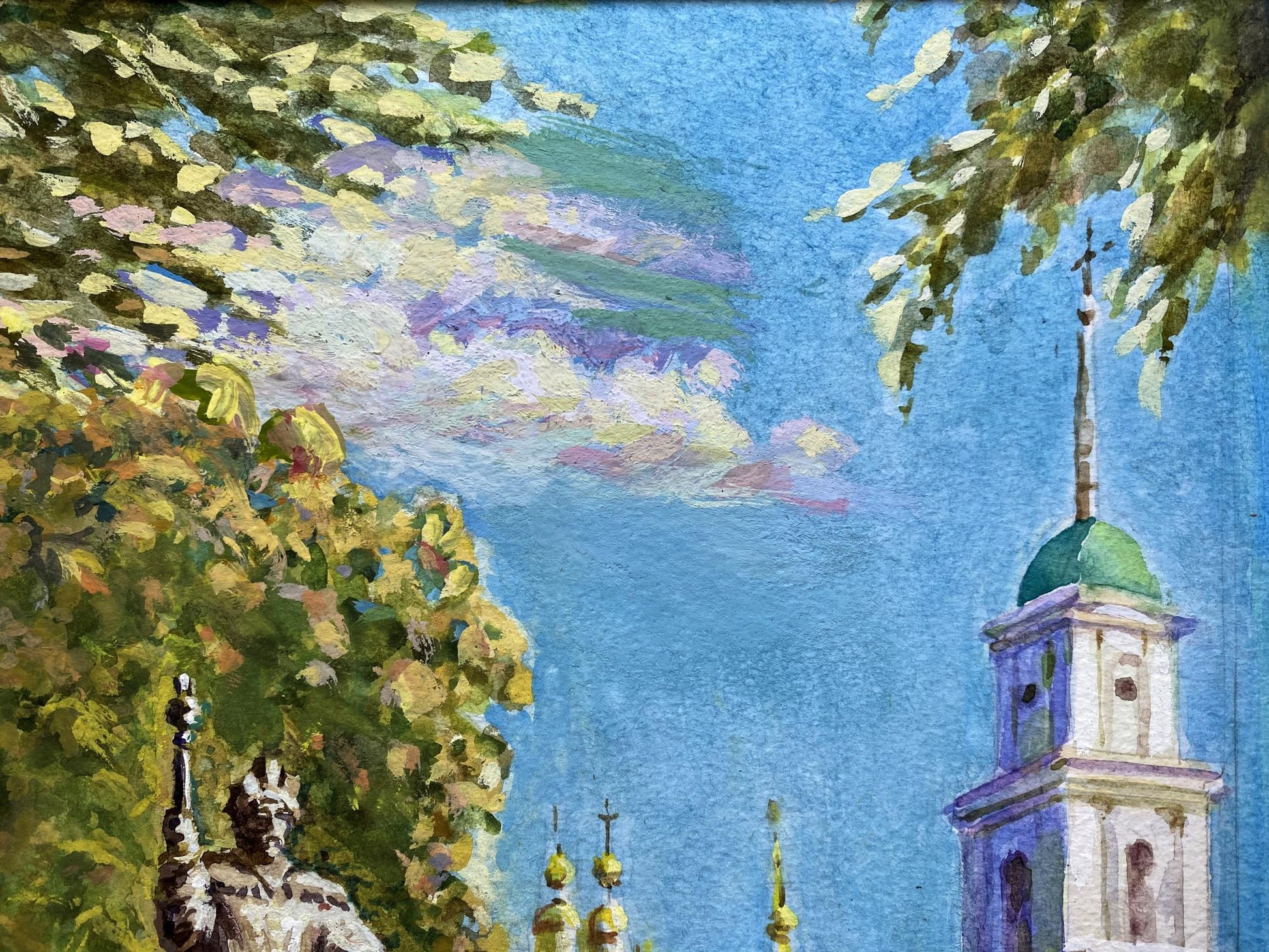 Painting of Benfialov Monasteries church tower with green dome on white walls against blue sky