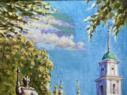Painting of Benfialov Monasteries church tower with green dome on white walls against blue sky