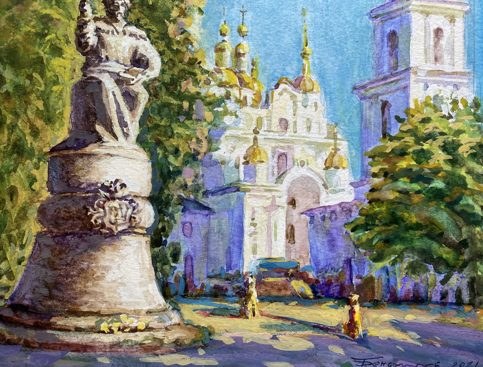 Weathered stone statue on pedestal amid foliage, Painting Monasteries Benfialov