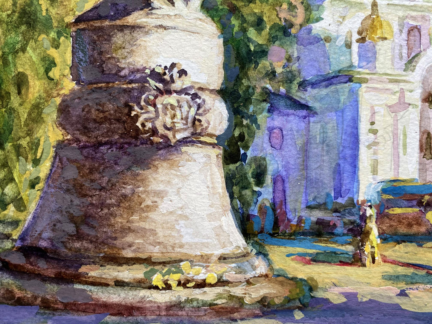 Weathered stone bell tower with crest in Monasteries Benfialov painting
